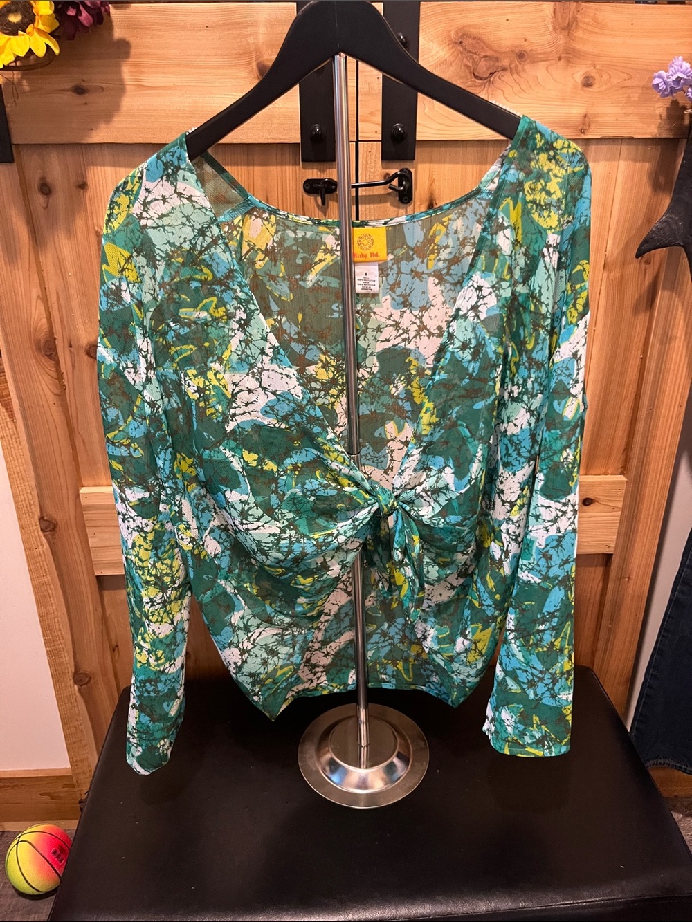 Ruby Rd. Teal, Yellow & White Tie-Front Long Sleeve Sheer Blouse